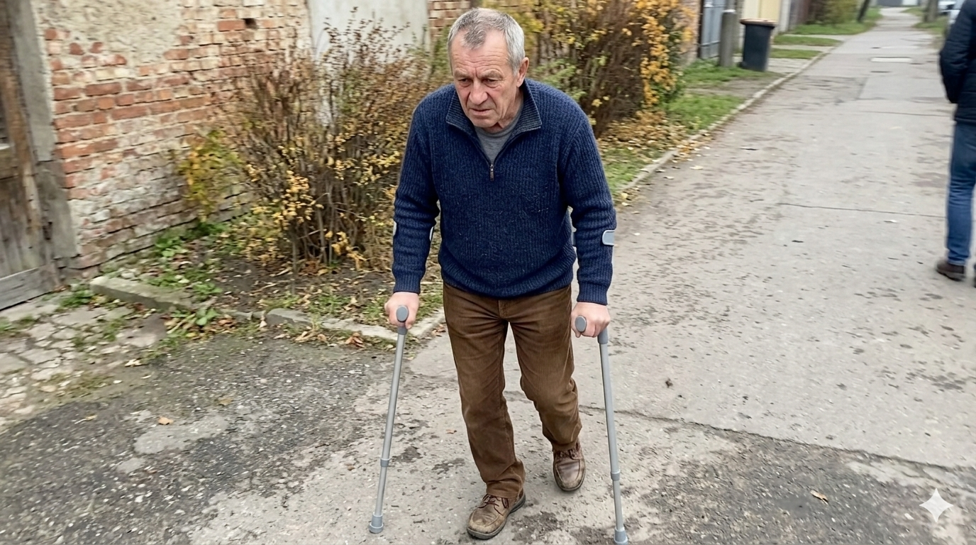 Marek o kulach przed domem, przed rozpoczęciem kuracji